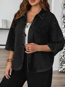 EMERY ROSE EMERY ROSE Plus Size Solid Color Drop Shoulder Casual Loose Front Button Denim Blouse Going Out Tops - Black - View 6