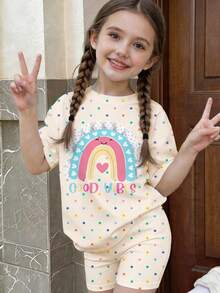 Cute 3D Rainbow Colorful Polka Dot Pattern, Young Girls Simple Casual Loose Top And Shorts 2-Piece Set Suitable For Spring/Summer Daily, Homecoming, Back To School, Cute Vibes, Chill Chill - Multicolor - View 4