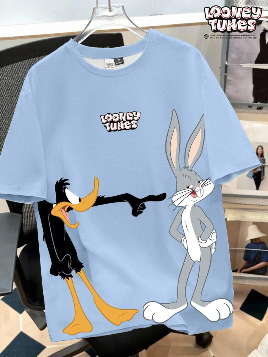 Looney Tunes X Manfinity Manfinity Joysei 男士休闲日常通勤趣味卡通字母印花宽松T恤,夏季 - 藍色 - 查看 1