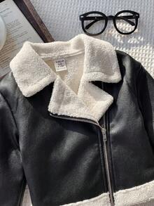 SHEIN 男嬰秋冬可愛百搭拼色人造毛皮夾克、女嬰皮夾克、女嬰夾克、女嬰刷毛夾克、女嬰人造皮革夾克、秋季 - 黑色 - 查看 2