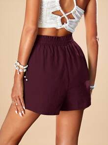 Travachic Women's Solid Color Drawstring Waist Spring Shorts - Maroon - View 2