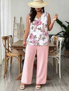 SHEIN VCAY 大码度假纯色V领衬衫和印花长裤两件套 - 彩色 - 查看 5