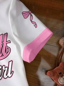 THE POWERPUFF GIRLS X SHEIN 女婴休闲日常通勤时尚街头可爱卡通字母蝴蝶结印花圆领短袖T恤 - 白色 - 查看 5