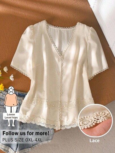 CosyJoli Áo sơ mi thường ngày màu mơ cho nữ size lớn, trang phục mùa hè dễ thương cho quý cô, áo blouse tay ngắn cài nút có bèo nhún