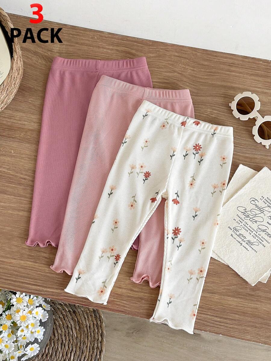 SHEIN Vintaside Kids 3件組女嬰夏季純色打底褲，簡約甜美風無複雜圖案，直筒寬鬆版型，適合日常外出、玩耍，俏皮可愛，休閒自在，彈性舒適，適合戶外運動及派對聚會