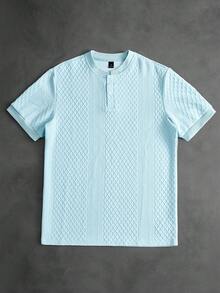 Manfinity Homme 男士純色通勤短袖休閒 Polo 衫，夏季，正式 - 淺藍色 - 查看 4