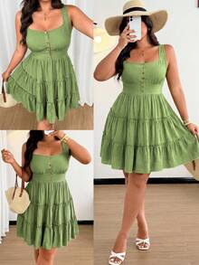 Vionelle Pastoral Fresh Ditsy Floral Spaghetti Strap A-Line Dress - Green - View 1