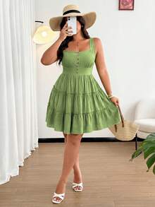 Vionelle Pastoral Fresh Ditsy Floral Spaghetti Strap A-Line Dress - Green - View 3