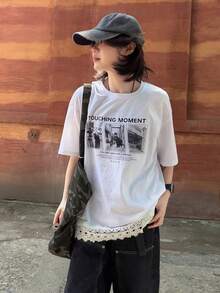 DAZY Women's Loose Casual Graphic Streetwear Round Neck Printed T-Shirt, Spring Summer White Back-To-School School - White - View 6