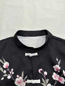 PAVTROS Men's Cherry Pattern Short Sleeve Frog Button Design Shirt, Ceremony - Black - View 4