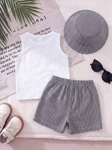 3-Piece Baby Boy Summer Casual Set, White Sleeveless Tank Top With Square Frame Island Coconut Tree Sunset Print, Full Vacation Vibe; Bottom Paired With Dark Gray Fine Vertical Striped Elastic Waist Shorts, Matching Same Fabric Striped Bucket Hat, Sleeveless Cut Cool And Breathable, Simple And Timeless Color Palette, Suitable For Daily Outings, Beach Trips, Vacation Wear, Beach Outfit - Black - View 2