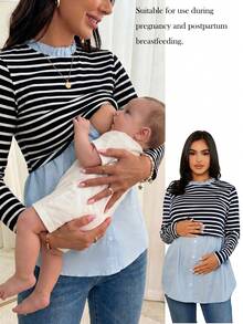 MaterniWear Maternity Striped Print 2 In 1 Nursing Top With Long Sleeve Fall - Navy Blue - View 4
