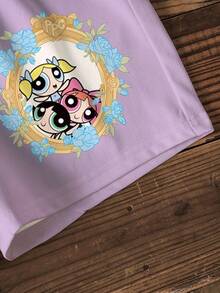 THE POWERPUFF GIRLS X SHEIN 條紋短袖T恤與短褲休閒套裝，適合年輕女孩 - 白色 - 查看 6