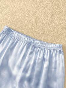 SHEIN 女童藍色純色極簡優雅長袖秋冬休閒寬鬆兩件式居家服套裝，翻領緞面蝴蝶結，柔軟舒適可愛 - 藍色 - 查看 5