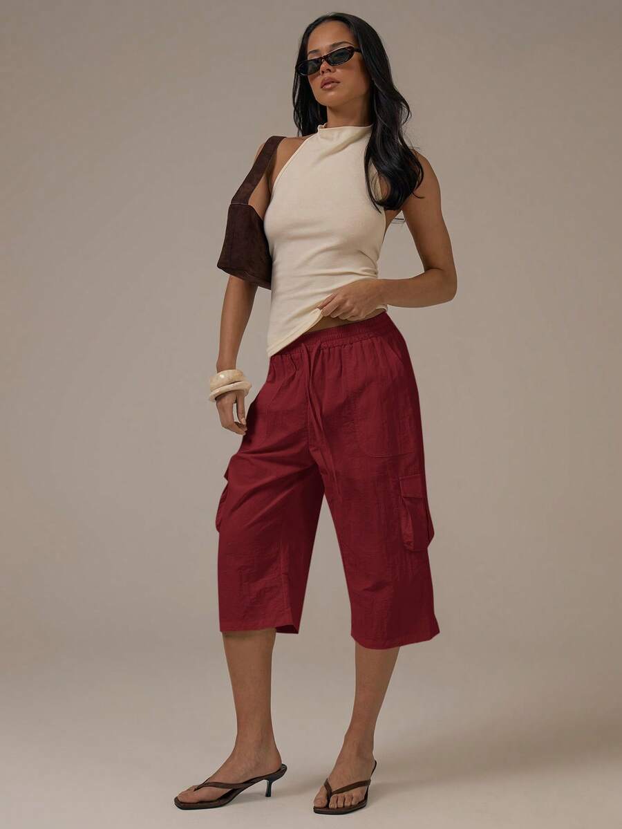 MUSERA Cargo Tie Waist Capri Pants Spring Summer Cute Cosy Cottage Core Spring Dew Casual Vacation Red - Burgundy - View 1
