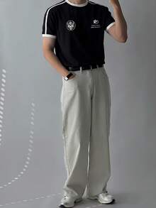 DAZY 男士字母印花拼接撞色领黑色T恤，夏季款 - 黑色 - View 2