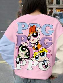THE POWERPUFF GIRLS X SHEIN 青少年女孩休闲日常通勤可爱拼色花朵、泡泡、毛茛图案插肩宽松羊毛运动衫，秋冬 - 白色 - 查看 3