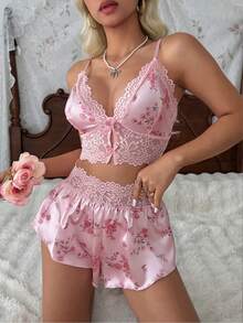 CottageSlumber Exquisite Hollow Lace Trim Patchwork Floral Satin Camisole & Shorts Pajama Set - Pink - View 1