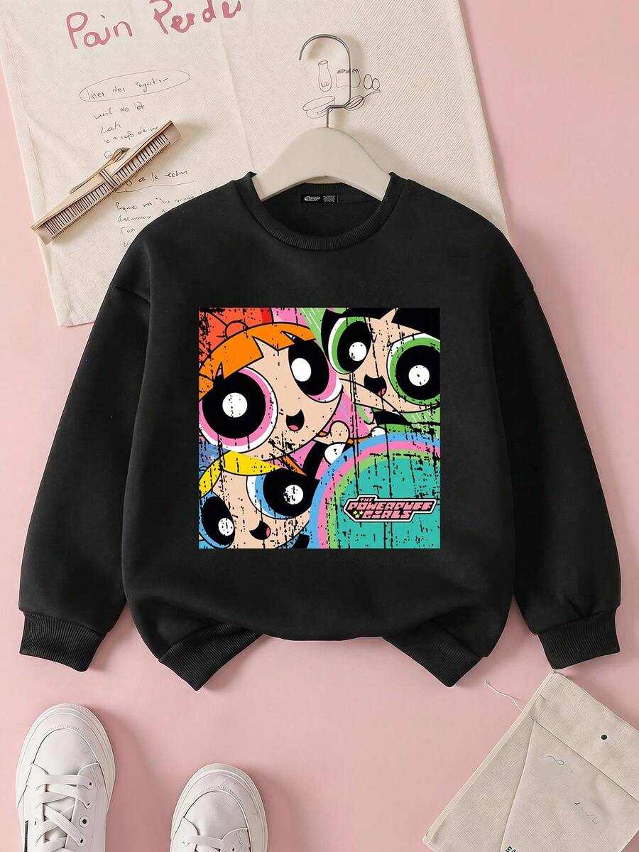 THE POWERPUFF GIRLS X SHEIN Tween Girl 休闲卡通印花长袖圆领运动衫,适合秋冬季 - 黑色 - 查看 1
