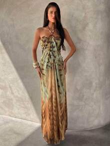 Aloruh Women's Spaghetti Strap Beaded Decor Leopard Print Fitted Long Dress - Black - View 3