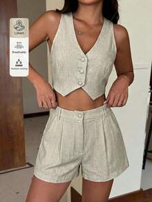 SHEIN EZwear 女士休闲纽扣短款背心和休闲口袋短裤套装 - 卡其色 - 查看 8