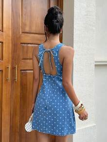 Siren Gaze Women's Polka Dot Pattern Round Neck Casual Sleeveless Denim Dress Vacation Casual Business Elegant Festival Party Going Out Graduation Polka Dot - Blue - View 7