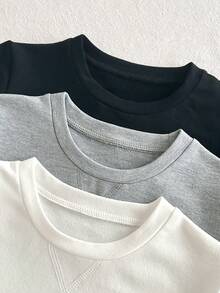 SHEIN 兒童 Young Bo 極簡百搭丹寧圓領短袖T恤與寬鬆長褲3件套 6件/包 - 灰色 - 查看 3