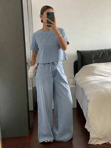 Livesso 夏秋款棉質圓領短袖抽繩寬鬆上衣搭配寬腿長褲淺藍色純色女款牛仔套裝 - 藍色 - 查看 5