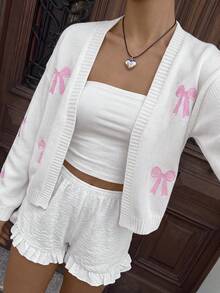 SHEIN Unity Cárdigan casual con diseño de jacquard de cerezas cautivadoras, de manga larga - Blanco - Ver 3