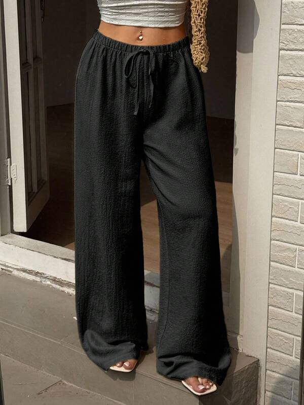 Elenzga Pantalones rectos de pierna recta con cordones para mujer, talla grande, casuales para vacaciones y viajes, color negro, versátiles y estilizantes, de tela tejida, adecuados para primavera, verano y otoño, ropa para mujer, pantalones talla grande