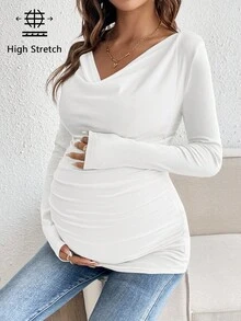 SHEIN Maternity Solid Color Cowl Neck Long Sleeve Ruched Slim Fit Casual T-Shirt Fall - White - View 3