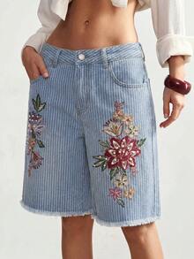 Bohemela 女款夏季休閒條紋花卉刺繡珠飾裝飾牛仔短褲 - 中等水洗藍 - 查看 4