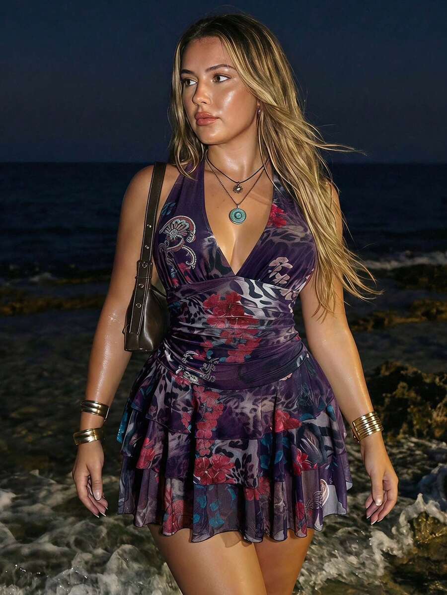 SHEIN ICON Plus Size Leopard Print Halter Neck Tie Waist Ruched Multi-Layered Tiered Tulle Dress Vacation Airport Dark Purple Summer Sexy - Multicolor - View 1