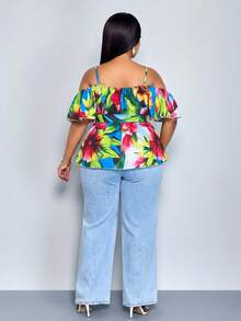 SOLERSUN Plus-Size Women's Floral V-Neck Off-Shoulder Loose Casual Blouse, Adorned With Ruffles And A Tie Waist. Spring/Summer Vacation Blouse, Fitted Casual Blouse, Green Blouse, Easter Shirt, Plus-Size Ruffled Short-Sleeved Tea Party Blouse, Everyday Commuting Blouse, A-Line Ruffled Hem Blouse, New Spring/Summer Ruffled Short-Sleeved Tie-Up Loose Blouse, Elegant, Casual, And Sexy Women's Wear. - Green - View 5