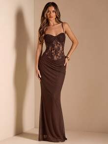 SHEIN BAE Spitzen-Patchwork-Ärmellos-Mesh-Meerjungfrau-Kleid, gelbes Kleid, elegantes Kleid, Urlaubskleid, Brautjungfern-Minikleid, Geburtstags-Minikleid, Rückkehr zur Schule & Abschlusskleid - Kaffeebraun - Übersicht 4