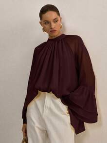 ATUI Studio Women's Minimalist Solid Color Loose Pleated Flare Sleeve Blouse - Brown - View 2