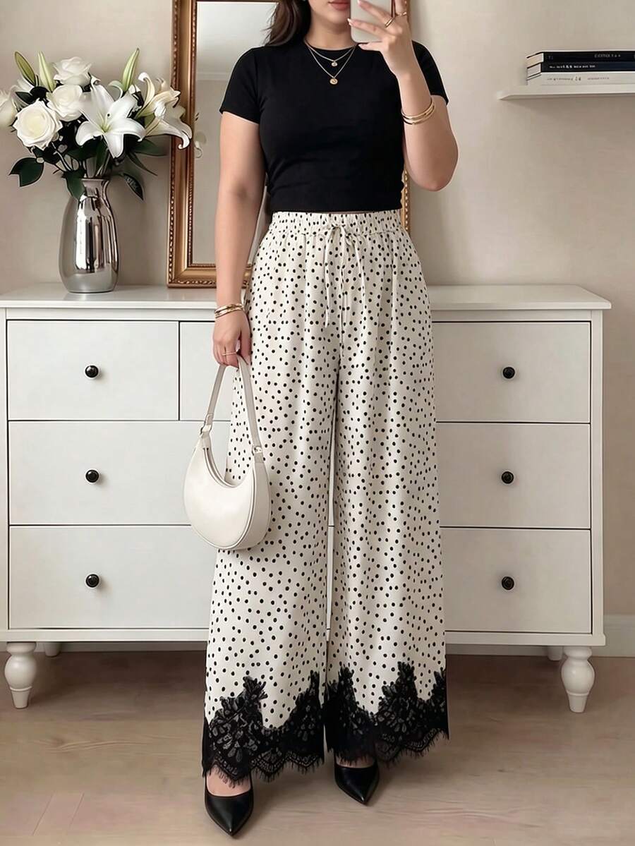 Seusyu Minimalist Elegant Polka Dot Print Ruffle Trim Straight Leg Regular Pants Plus Size Autumn Brunch Formal Dinner Black White - Multicolor - View 1
