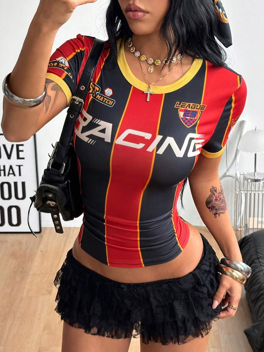 Coolane Women's Summer Streetwear Going Out Vintage Number Pattern Striped Graphics Stretchy Comfortable Football Jersey T-Shirt - Multicolor - View 1