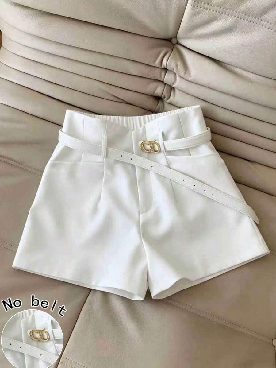 Franclia Quần short nữ màu trơn, xếp ly, có túi, dáng rộng, kiểu dáng thường ngày. - trắng - Xem 1
