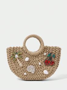 SHECARRY Women's Fashionable Straw Woven Small Round Bucket Handbag, Diamond Cherry Beaded Coconut Tree And Other Decorations, Seaside Vacation Beach - Cherry - View 1