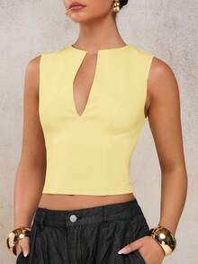 COSMINA Camiseta de tirantes elegante y ajustada con cuello en pico de unicolor para mujer - Amarillo claro - Ver 5