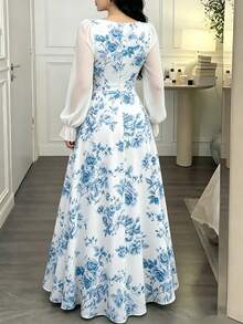 Modelyn 鈷藍色玫瑰花卉印花大尺碼女裝洋裝，女款時尚方領燈籠長袖長洋裝，夏季收腰優雅長裙，花卉圖案白色洋裝，適合夏季度假與日常穿著 - 彩色 - 查看 2
