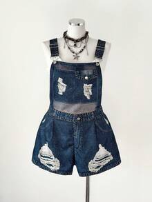 Sunspun Plus Size Women Loose Casual Denim Print Romper - Blue - View 4