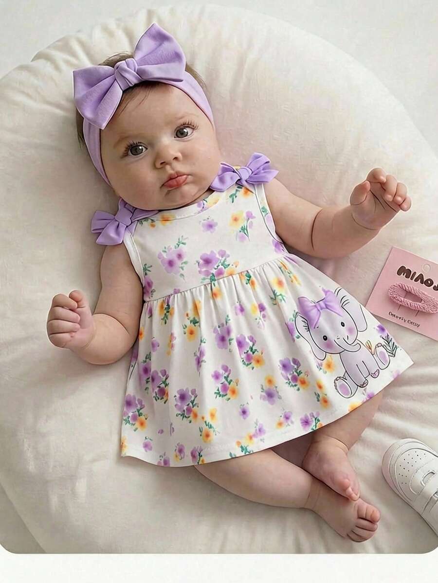 SHEIN Newborn Baby Girl Summer Cute Floral Print Sleeveless Dress - Mauve Purple - View 1