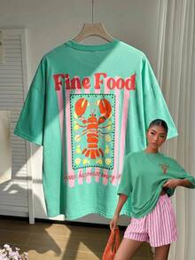 Comfortcana Oversize T-Shirts Casual Minimalist Shrimp Pattern Crew Neck Short Sleeve Ultra Loose Plus Size T-Shirt, Beach Holiday Vacation Mint Green Summer - Green - View 4