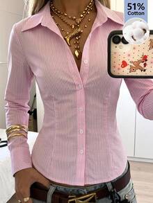 SHEIN EZwear 灰粉色條紋梭織女款襯衫 辦公室秋季優雅風 - 粉色 - 查看 10