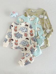 Cozy Pixies 兒童小男孩修身舒適睡衣套裝 3 件組，卡通動物圖案，針織柔軟圓領長袖套頭上衣，鬆緊腰長褲，緊身休閒簡約舒適加厚居家服，適合秋冬，鯊魚、恐龍、松鼠、綿羊、大象兇猛動物圖案家居套裝 - 彩色 - 查看 2