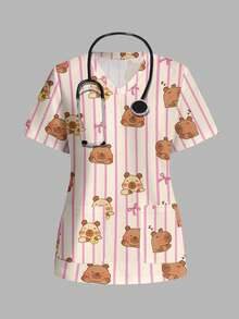 PopScrub Women's Scrub Uniform Top With Cute Bear Capybara Striped Print Pattern, Suitable For Children And Pet Hospitals - Multicolor - View 7