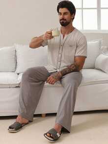 DAZY Conjunto de camiseta de color liso y ropa de estar en casa para hombre, pijamas de verano - Multicolor - Ver 6