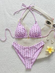 Swim Mod 女款甜美粉色圓點印花比基尼套裝 - 彩色 - 查看 3